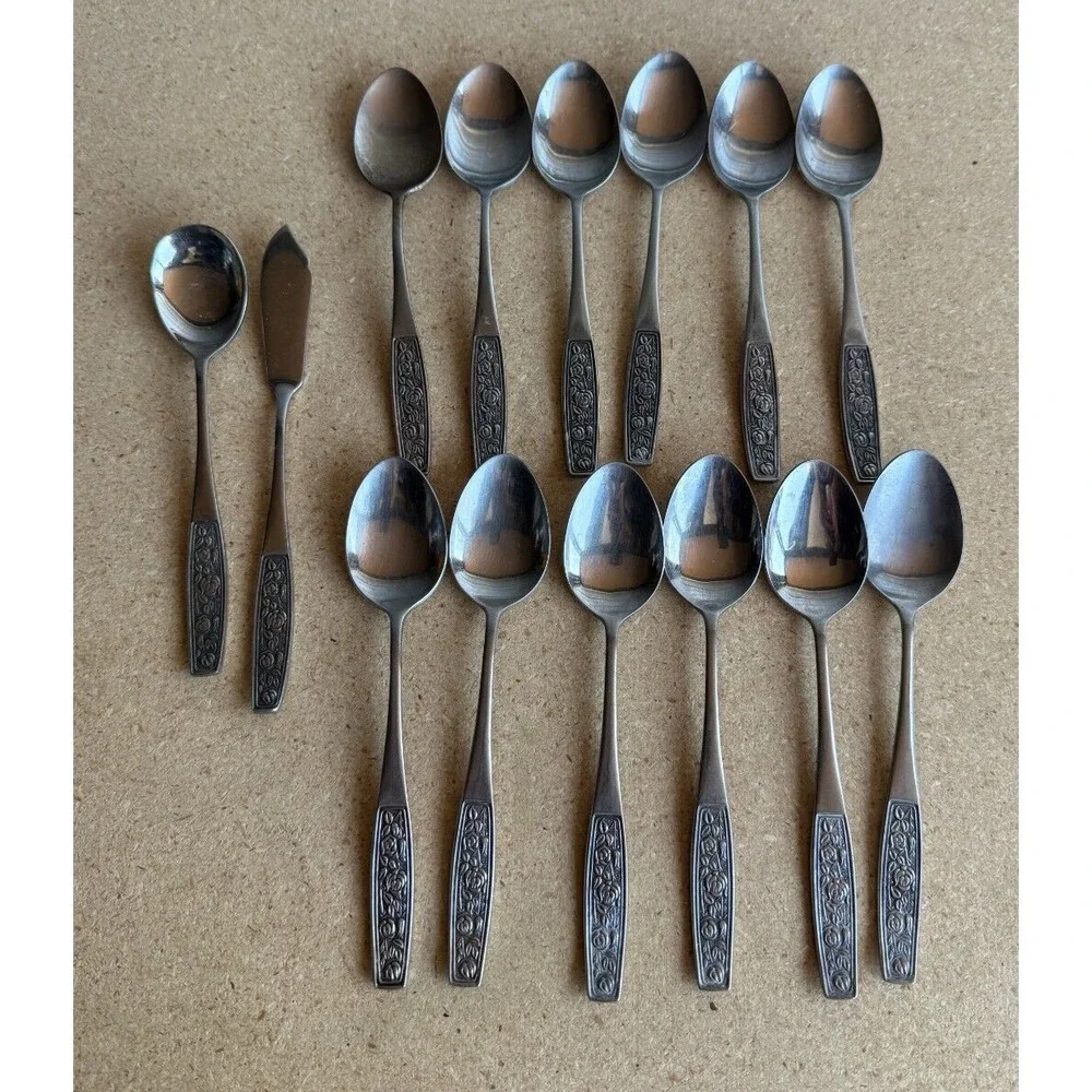 LOT of 14 Interpur INR28 Stainless Flatware Embossed Roses Dinner SPOONS BUTTER